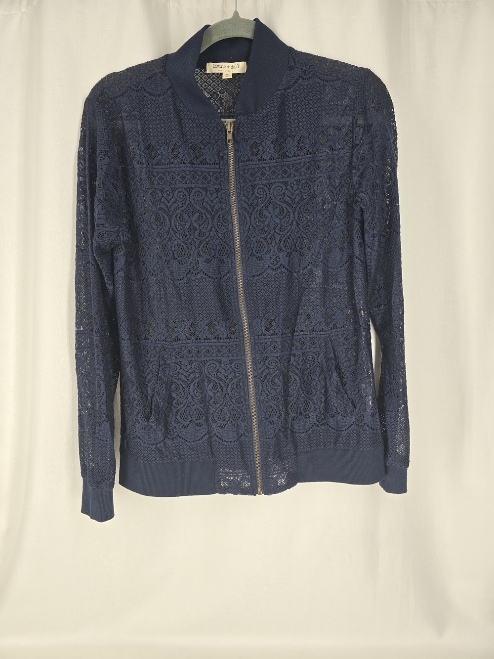 living doll Navy Blue Lace Zip-Front Bomber Jacket